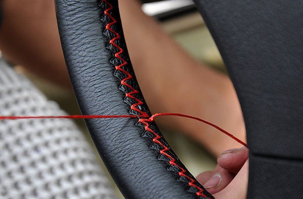 Black Leather Steering Wheel Cover Truck Car Auto 38cm DIY w/ Needles & Thread