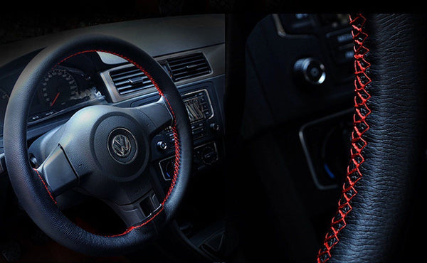Black Leather Steering Wheel Cover Truck Car Auto 38cm DIY w/ Needles & Thread