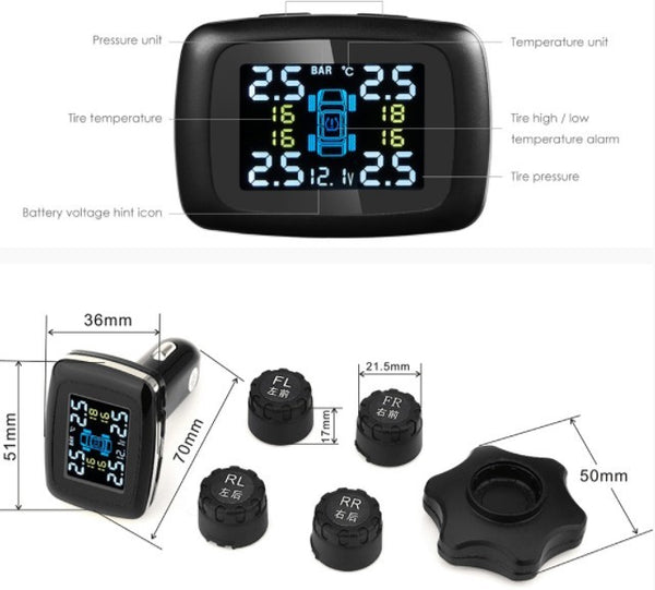 Motor Car TPMS Tire Pressure Monitor System Cigarette Lighter 4 External Sensor