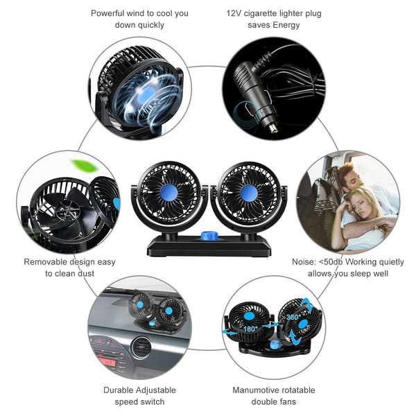 Dual Head Motor Car Truck Vehicle Fan 360 Degree Rotatable Auto Cooling Cooler