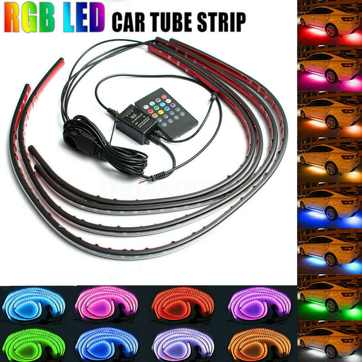 Color RGB LED Strip Under Car Tube bottom System Neon Voice Trigger Lights Kits