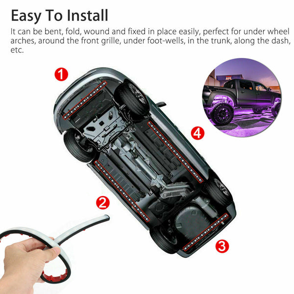 Color RGB LED Strip Under Car Tube bottom System Neon Voice Trigger Lights Kits