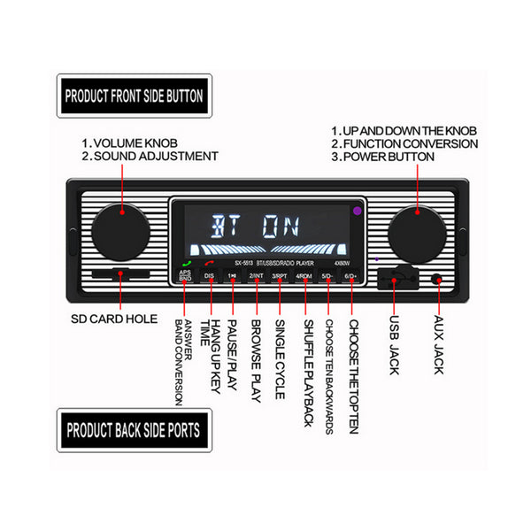 Car Stereo FM Retro radio 12V Player Bluetooth MP3 USB AUX WAV Audio In Dash FM