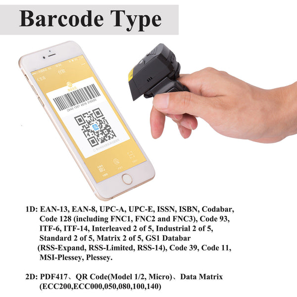 Wearable Android USB Bluetooth Wireless Handheld 2D QR Bar Code Barcode Scanner
