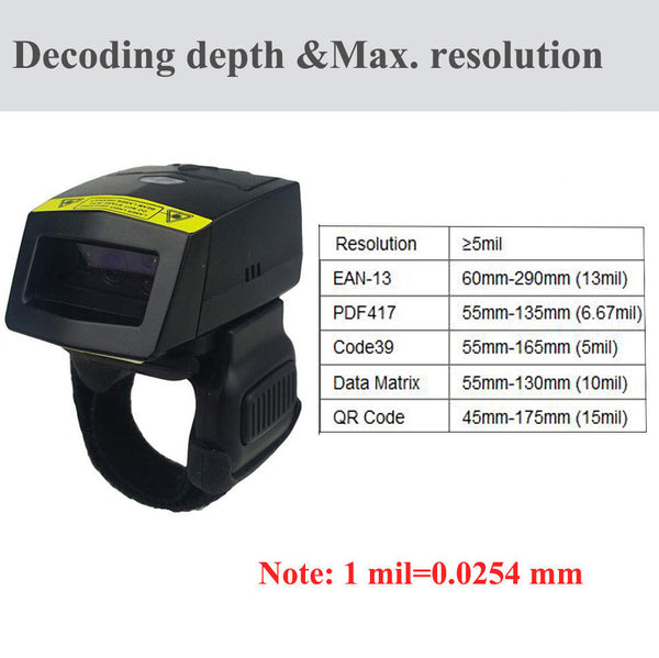 Wearable Android USB Bluetooth Wireless Handheld 2D QR Bar Code Barcode Scanner