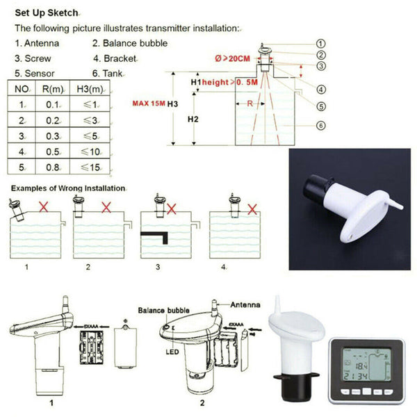 Ultrasonic Sonic Water Tank Liquid Level Meter Sensor Monitor Digital LCD Gauge