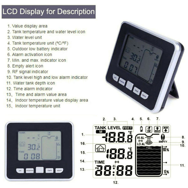Ultrasonic Sonic Water Tank Liquid Level Meter Sensor Monitor Digital LCD Gauge