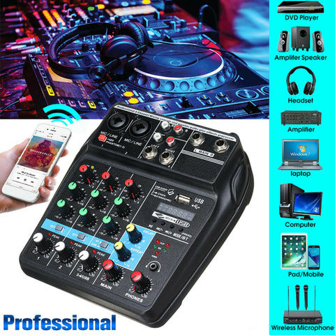4 Channels USB DJ Mixer Bluetooth Record Live Studio Audio Sound Mixing Console
