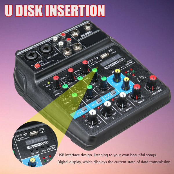4 Channels USB DJ Mixer Bluetooth Record Live Studio Audio Sound Mixing Console