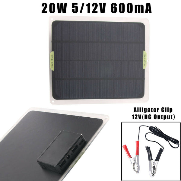 Outdoor 20W Solar Sun Panel DC 12V 5V Battery Charger Boat Marine RV Car Starter