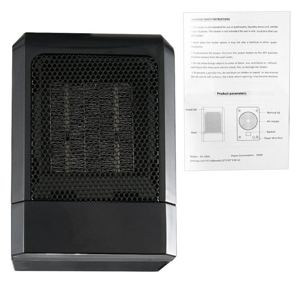 500W Winter Black Small Ceramic Electric Heater Home Office Heating Fan Warmer