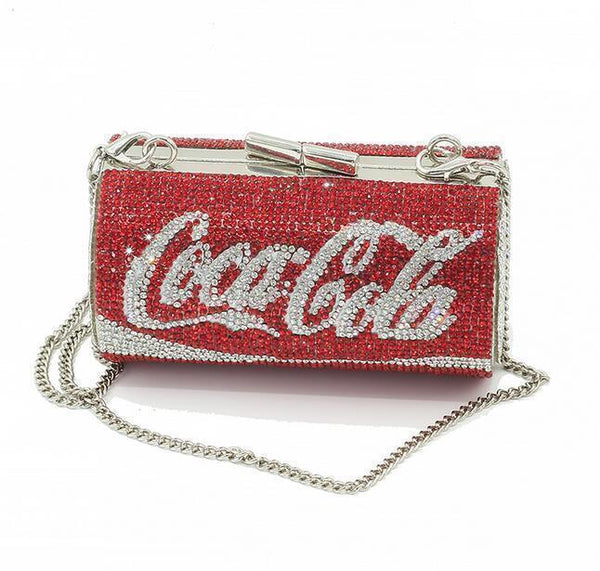 Women Cute Rhinestone Cola Can Bottle Shape Clutch Bag Party Purse Chain Handbag
