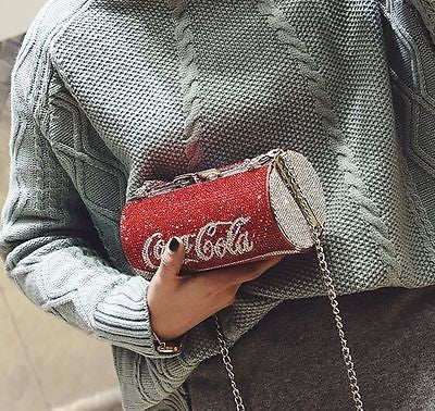Women Cute Rhinestone Cola Can Bottle Shape Clutch Bag Party Purse Chain Handbag