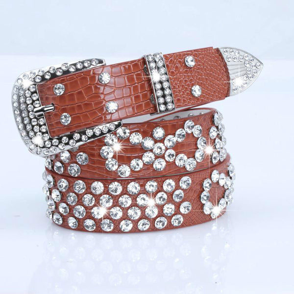 Attractive Shiny Rhinestone Crystal Studded Belt Women Leather Bling Waistband
