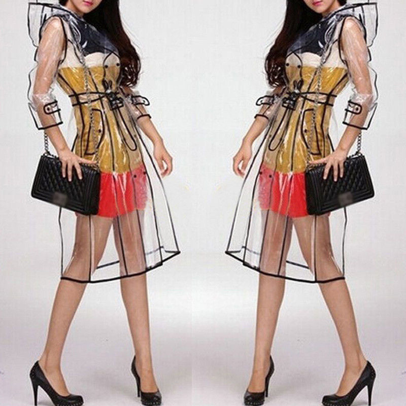 Cute Transparent Raincoat Runway Style Women Girl Clear Rain Raining Coat Jacket