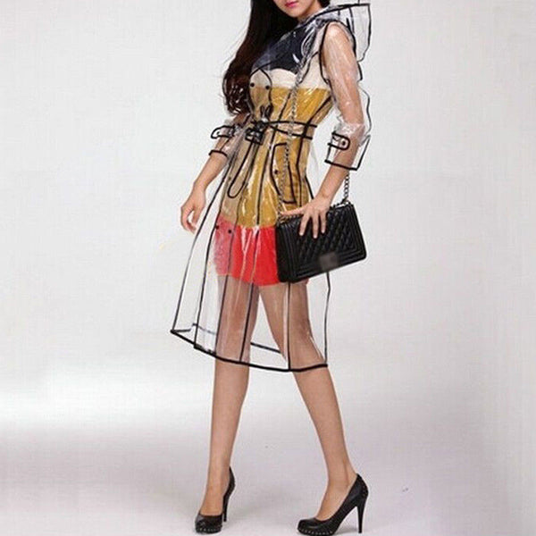 Cute Transparent Raincoat Runway Style Women Girl Clear Rain Raining Coat Jacket