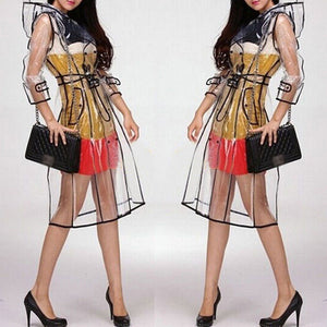 Cute Transparent Raincoat Runway Style Women Girl Clear Rain Raining Coat Jacket
