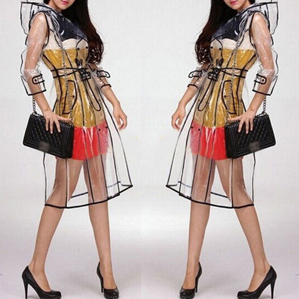 Cute Transparent Raincoat Runway Style Women Girl Clear Rain Raining Coat Jacket