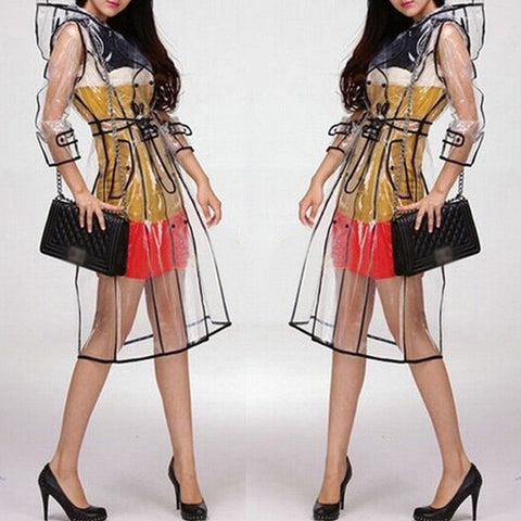Cute Transparent Raincoat Runway Style Women Girl Clear Rain Raining Coat Jacket