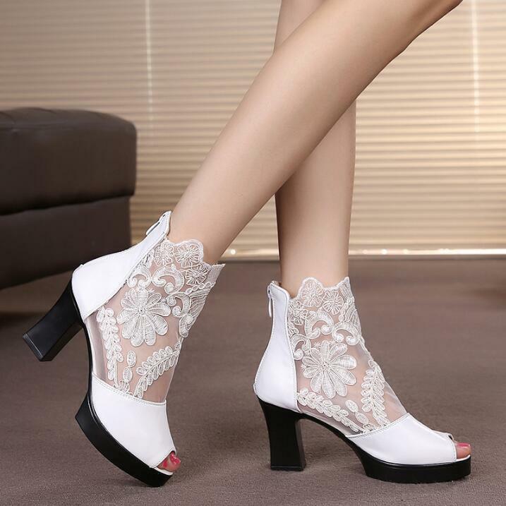 Elegant Open Toe Chunky High Heel Heels Lace Mesh Sandals Ankle Hollow Shoes