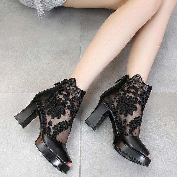 Elegant Open Toe Chunky High Heel Heels Lace Mesh Sandals Ankle Hollow Shoes