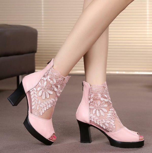 Elegant Open Toe Chunky High Heel Heels Lace Mesh Sandals Ankle Hollow Shoes