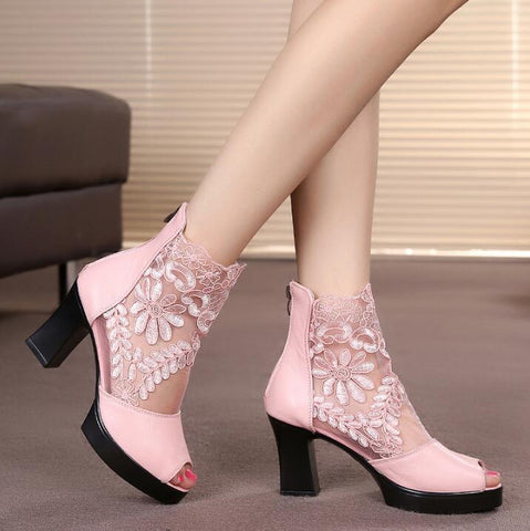 Elegant Open Toe Chunky High Heel Heels Lace Mesh Sandals Ankle Hollow Shoes