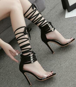 Beautiful Sexy Black Bandage Lace Up Heels Transparent Stilettos Clear Sandals
