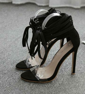 Beautiful Sexy Black Bandage Lace Up Heels Transparent Stilettos Clear Sandals
