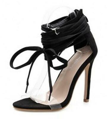 Beautiful Sexy Black Bandage Lace Up Heels Transparent Stilettos Clear Sandals