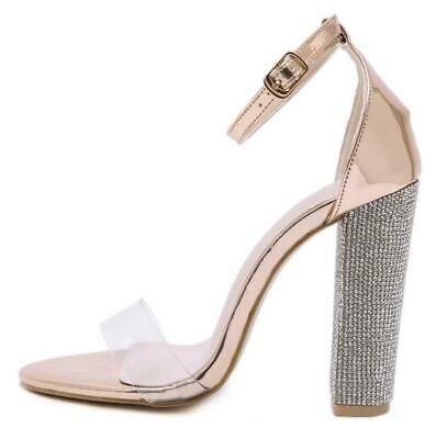 Women Rhinestones High Block Heels Ankle Strap Lace Clear Up Stilettos Sandals