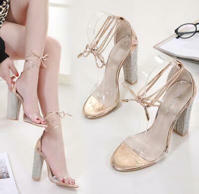 Women Rhinestones High Block Heels Ankle Strap Lace Clear Up Stilettos Sandals