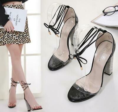 Women Rhinestones High Block Heels Ankle Strap Lace Clear Up Stilettos Sandals