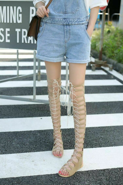 Roma Openwork Gladiator Lace Up Back Zip Strap Open Toe Long Sandals High Top