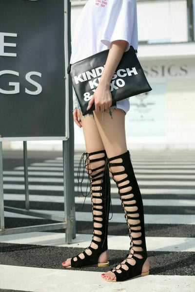 Roma Openwork Gladiator Lace Up Back Zip Strap Open Toe Long Sandals High Top