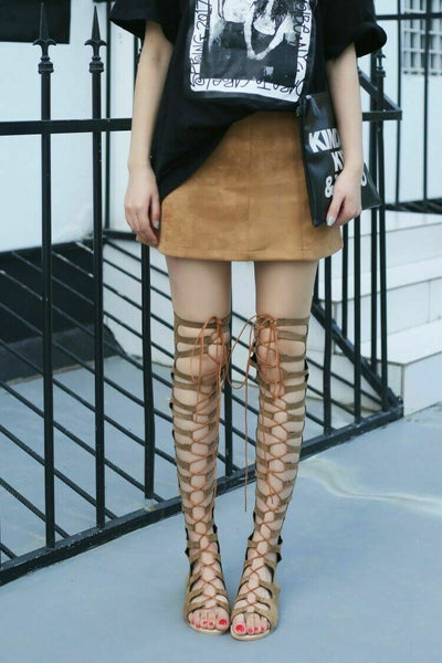 Roma Openwork Gladiator Lace Up Back Zip Strap Open Toe Long Sandals High Top