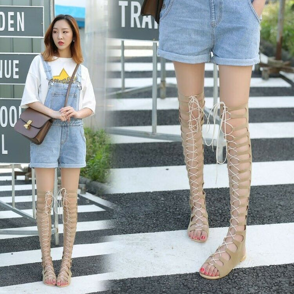 Roma Openwork Gladiator Lace Up Back Zip Strap Open Toe Long Sandals High Top