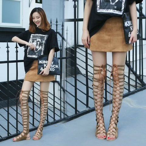 Roma Openwork Gladiator Lace Up Back Zip Strap Open Toe Long Sandals High Top