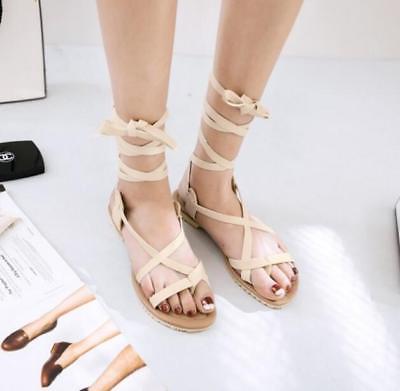 Cross Tie Ankle Straps Lace Up Flip Flops Sandals Flat Heels Summer Casual Shoes