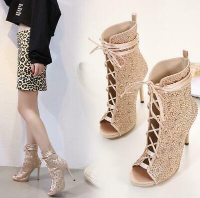 Shiny Rhinestones Open Toe Lace Up Ankle Boots High Chic Heels Sandals Stilettos