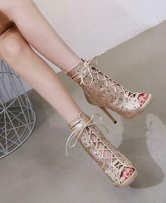 Shiny Rhinestones Open Toe Lace Up Ankle Boots High Chic Heels Sandals Stilettos