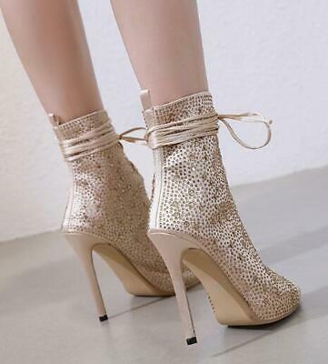 Shiny Rhinestones Open Toe Lace Up Ankle Boots High Chic Heels Sandals Stilettos