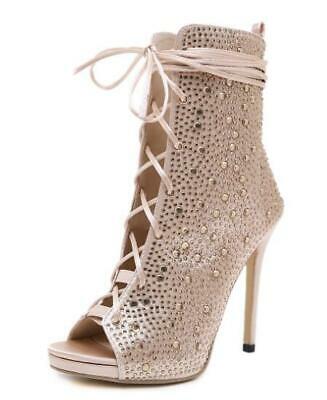 Shiny Rhinestones Open Toe Lace Up Ankle Boots High Chic Heels Sandals Stilettos