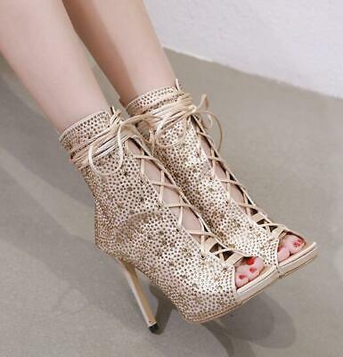 Shiny Rhinestones Open Toe Lace Up Ankle Boots High Chic Heels Sandals Stilettos