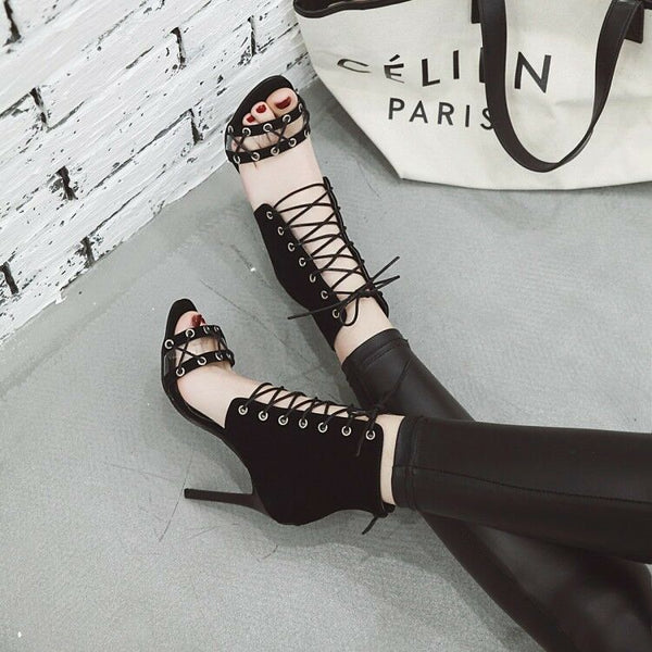 Retro Vintage Knotted Open Toe High Heels Sandals Ankle Strap Lace up Party Shoe