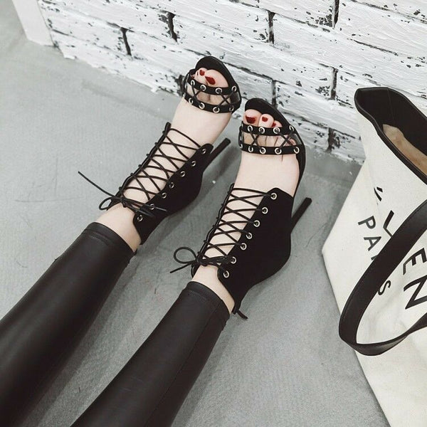 Retro Vintage Knotted Open Toe High Heels Sandals Ankle Strap Lace up Party Shoe
