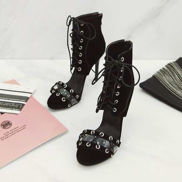 Retro Vintage Knotted Open Toe High Heels Sandals Ankle Strap Lace up Party Shoe