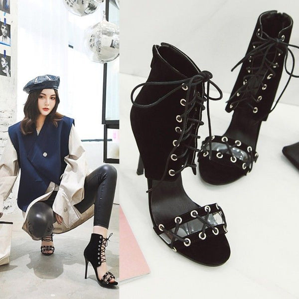 Retro Vintage Knotted Open Toe High Heels Sandals Ankle Strap Lace up Party Shoe