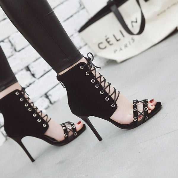 Retro Vintage Knotted Open Toe High Heels Sandals Ankle Strap Lace up Party Shoe