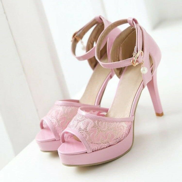 Comfort Lace Mesh Stiletto Open Toe High Heels Sandals Ankle Strap Party Shoes